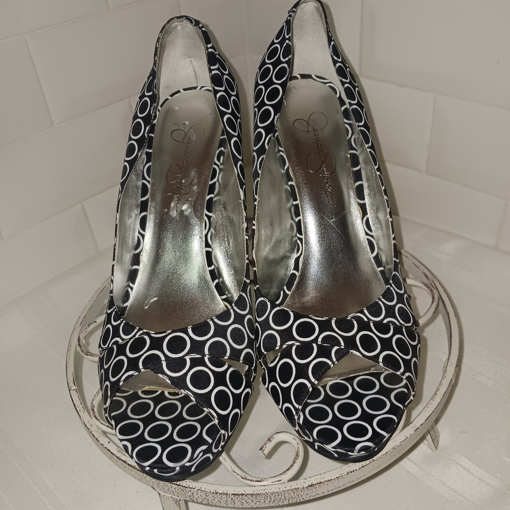 Jessica Simpson Black/White Print Peep Toed Wedge Size 9.5 B